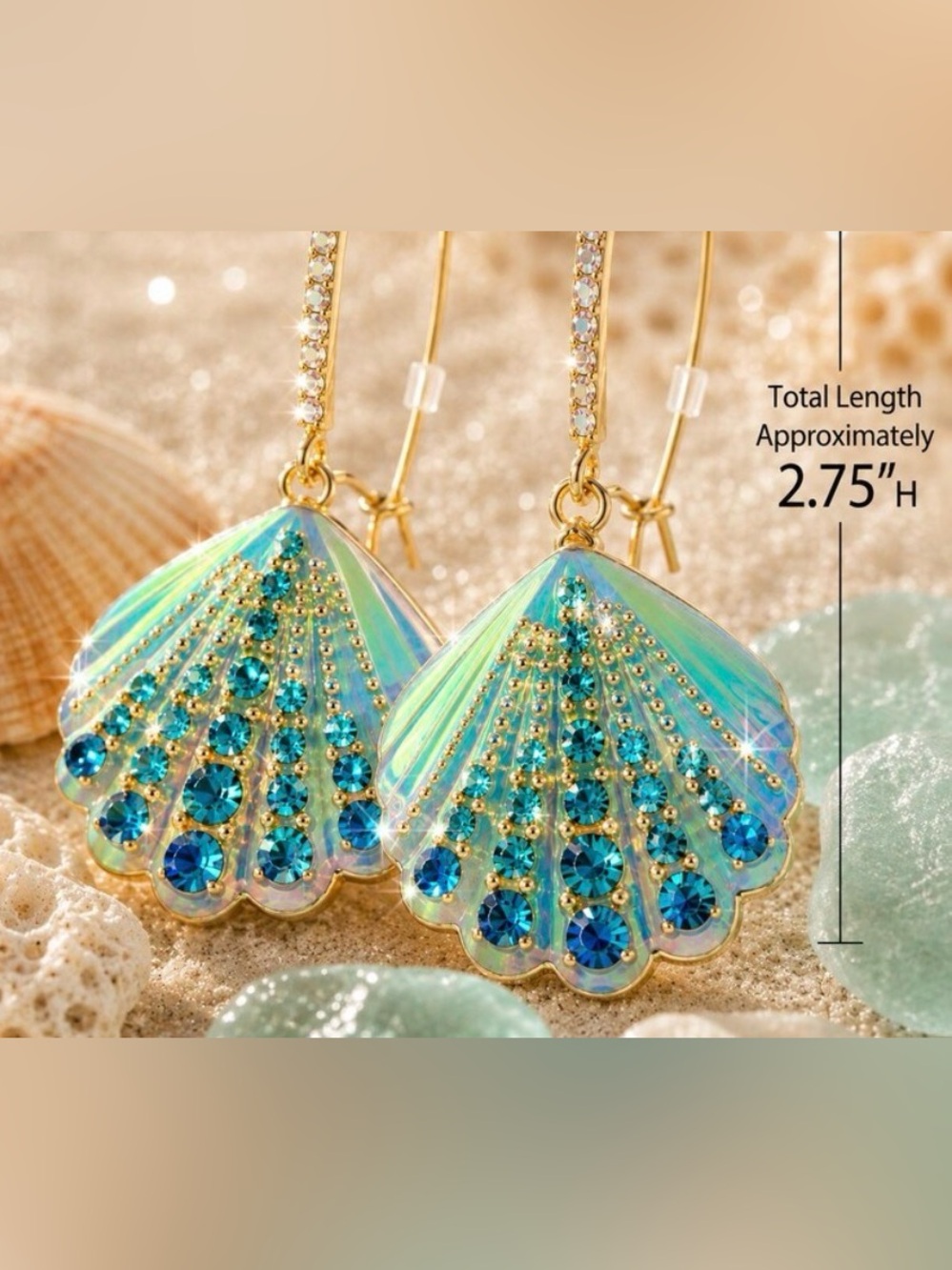 New Betsey Johnson Iridescent Shell Drop Earrings with Aqua Crystals - Picture 8 of 11